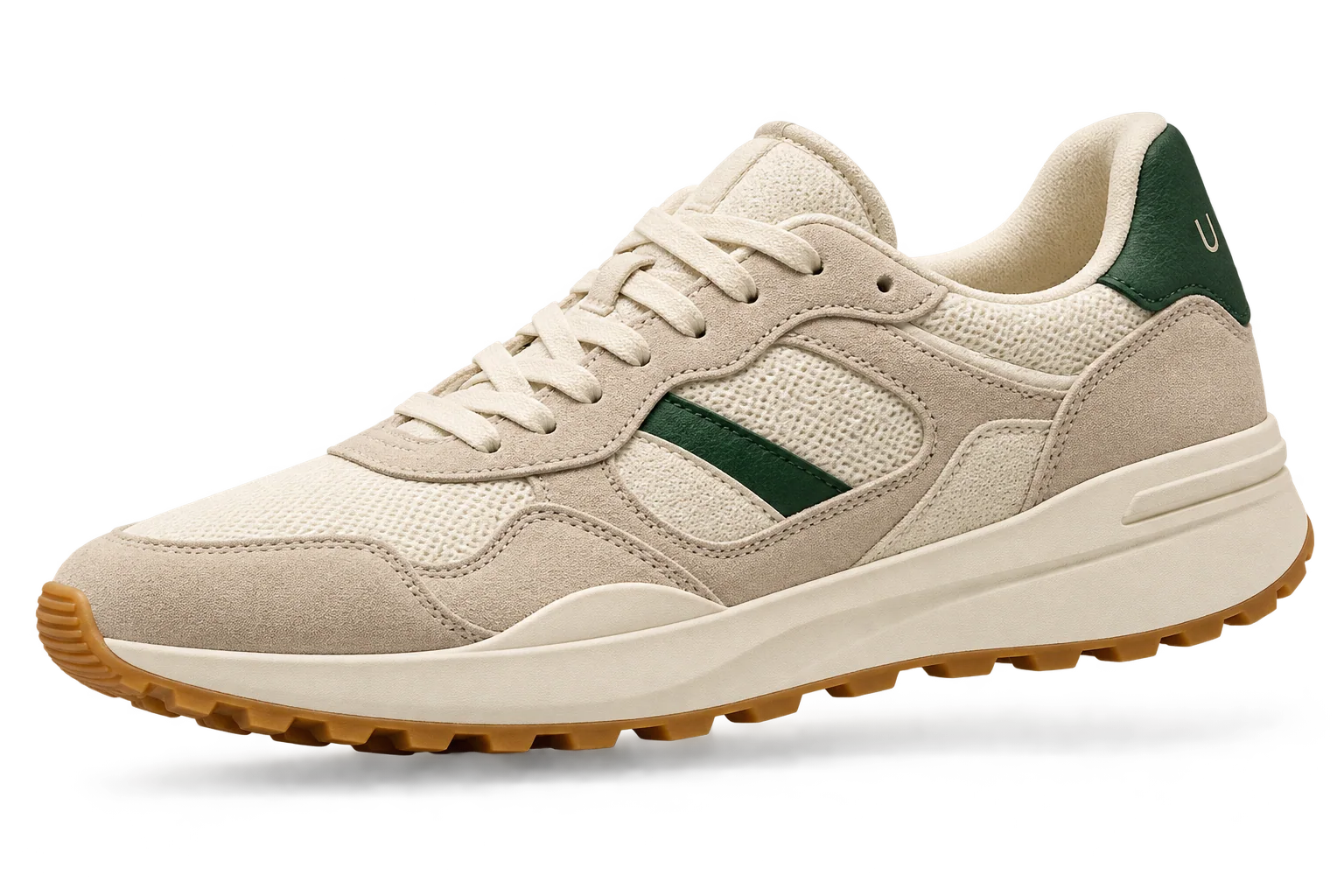 Vista completa del sneaker Origen 01 en marfil y verde bosque